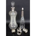 A LOT OF 6 GLASS / SILVER ITEMS Crystal carafe with silver cuff, 26 cm high, bottle with