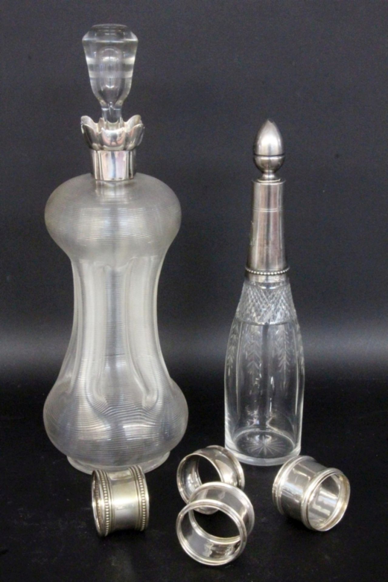 A LOT OF 6 GLASS / SILVER ITEMS Crystal carafe with silver cuff, 26 cm high, bottle with