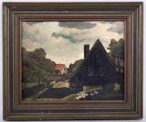 UNKNOWN ARTIST 1st half of 20th century Flemish village with geese. Oil on cardboard, 29 x