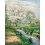 LANDSCAPE PAINTER 20th century Spring landscape with flowering fruit trees. Oil on canvas,