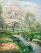 LANDSCAPE PAINTER 20th century Spring landscape with flowering fruit trees. Oil on canvas,