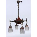 AN ART DECO HANGING LAMP France 1920s Coloured metal frame with 4 glass shades etched like