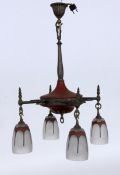 AN ART DECO HANGING LAMP France 1920s Coloured metal frame with 4 glass shades etched like