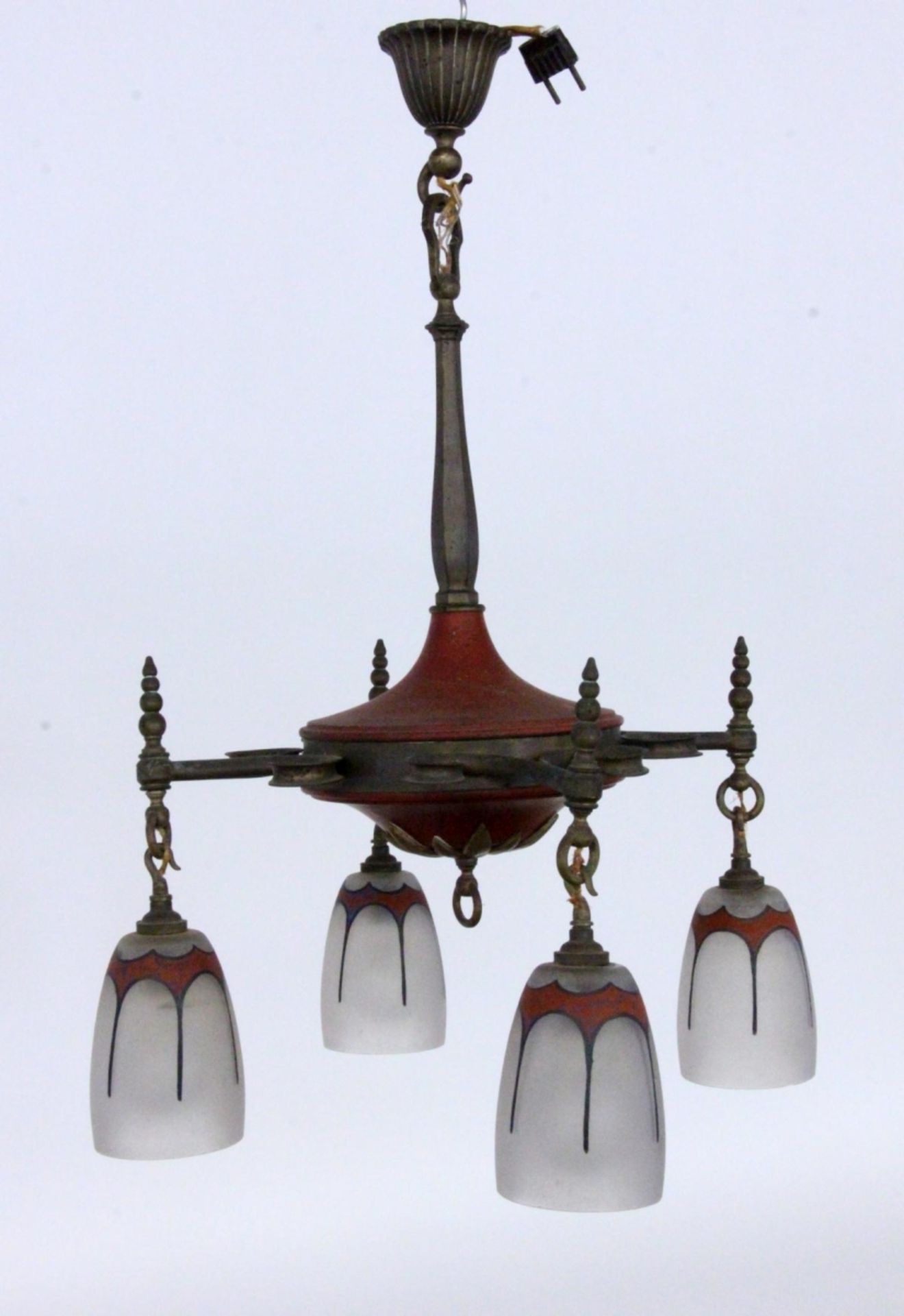 AN ART DECO HANGING LAMP France 1920s Coloured metal frame with 4 glass shades etched like