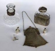 A MIXED LOT OF 6 ITEMS 2 perfume bottles, glass with silver-plated mount, bag with chain