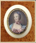 A MINIATURE Portrait of Madame de Pompadour. Fossil ivory. Frame made of root wood and