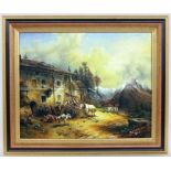 MAIER, RENE 20th century Romantic roadhouse in the mountains with people and animals. Oil