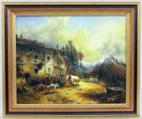 MAIER, RENE 20th century Romantic roadhouse in the mountains with people and animals. Oil