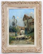 GILBERT French painter, 20th century Shepherd with Flock of Sheep in Front of a Village.