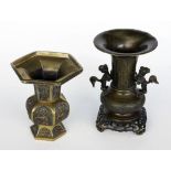 TWO BRONZE VASES China, Qing One vase fixed on European base. 16/ 13 cm high. Signs of