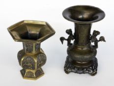 TWO BRONZE VASES China, Qing One vase fixed on European base. 16/ 13 cm high. Signs of