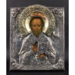 SAINT NICHOLAS Russian icon circa 1900 Colourfully painted Nicholas with silver oklad and