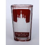 A GLASS circa 1900 Cut, ruby glass with etched view of the Greek Orthodox church in