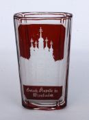 A GLASS circa 1900 Cut, ruby glass with etched view of the Greek Orthodox church in