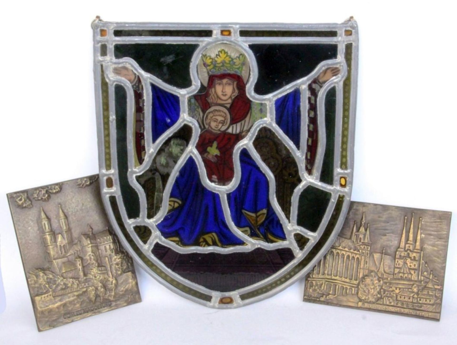 A LEADLIGHT with colourfully painted Madonna with Child. 29 x 25.5 cm. Includes 2 bronze