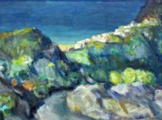 LANDSCAPE PAINTER 20th century Spanish landscape with white village near Tossa de Mar. Oil