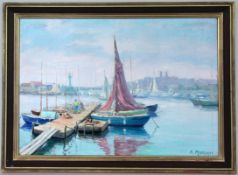 MERIANO, S. Antibes, 20th century Harbour of Antibes. Oil on panel, signed and titled