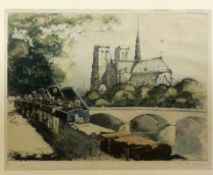 WAGNER, H.E. 20.Jh. Quai de Seine mit Bouquinisten und Blick auf die Notre Dame. Farblitho,