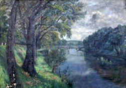 WIEST, SALLY Trier 1866 - 1952 Stuttgart Flusslandschaft mit Steinbrücke. Öl/Lwd., signiert.