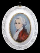 MINIATUR Bildnis Mozart. Fossiles Elfenbein. Oval, 21x17cm A MINIATURE Portrait of Mozart. Fossil