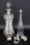 LOT 6 TEILE GLAS / SILBER Kristallkaraffe mit Silbermanschette, H.26cm, Gluckerflasche mit