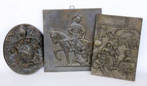 DREI BRONZEPLAKETTEN Kloster Neresheim, heiliger Georg und Familienidyll. Max.: 20x18cm THREE