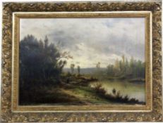 LENGLET, CHARLES ANTOINE geb. 1791 Seelandschaft mit Spaziergängerin. Öl/Lwd., signiert. 66x92cm,