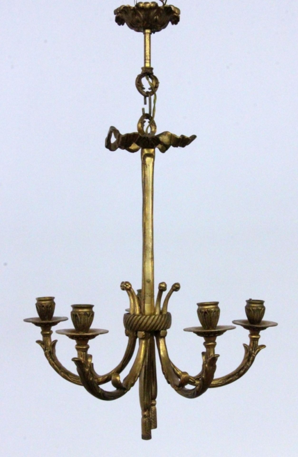 HÄNGELAMPE Frankreich um 1900 5-armiges vergoldetes Bronzegestell. Elektrifiziert. H. 63cm, D. ca.