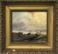 MARINEMALER Frankreich um 1837 Segelschiffe im stürmischen Meer vor einer Mole. Öl/Lwd., 21,5x27cm,