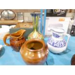 Large Hound handle Jug, blue and white Jug, small Crock and Majolica Vase