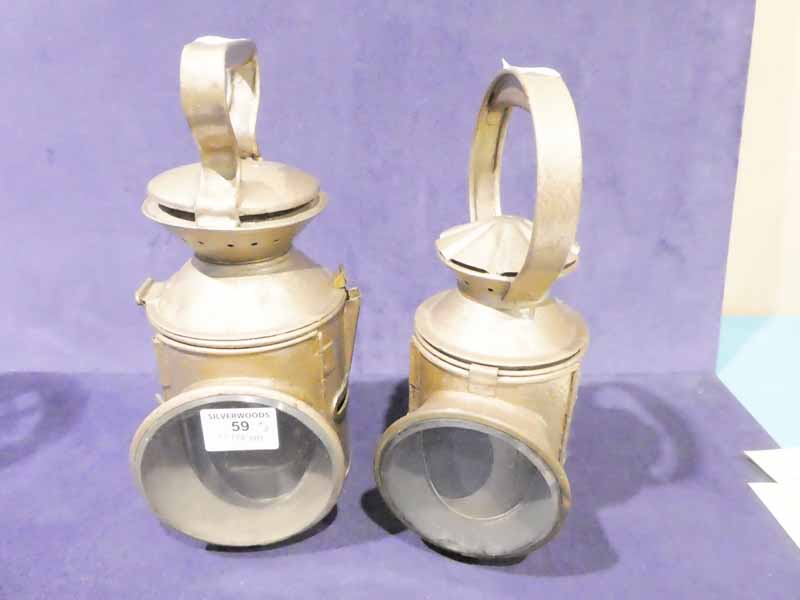 Two Railway hand lamps, coloured lenses missing to both