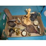 A box of mixed collectables inc Treen bellows, carved Eagle, Magnifier, brass Storm Lamp etc