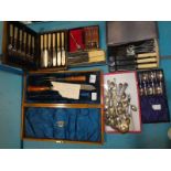 Six cased sets of Cutlery and a tray of loose Cutlery inc Carving items, Fish Eaters etc