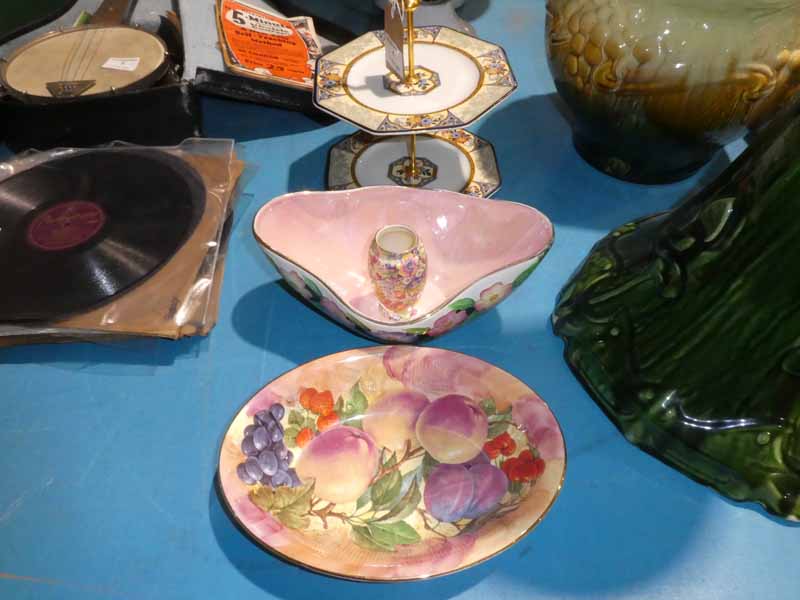 A Maling thumb print boat shape Vase, small chintz Vase, Imperial porcelain Cake Stand and a fruit