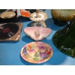 A Maling thumb print boat shape Vase, small chintz Vase, Imperial porcelain Cake Stand and a fruit