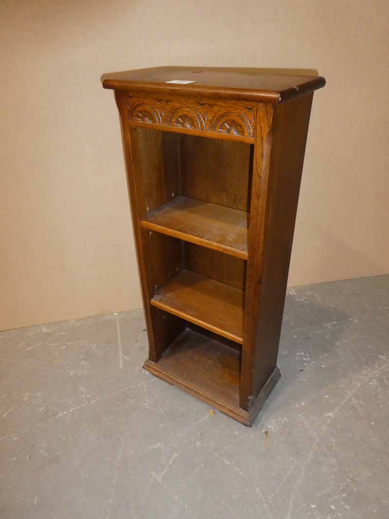 Old charm style small Oak open Bookcase with carved frieze, 81cm height