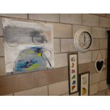 Five modern Wall Decorations inc Clock, heart shape Chalk Board, pair of framed Prints depicting Gem