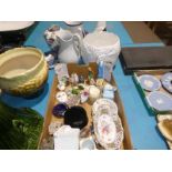 Tray of mixed small ceramics and 6 large ceramics inc Jardiniere, Planter, Jugs, Cockerel