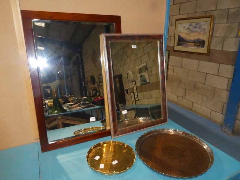 A large Copper Plaque and a Brass Plaque and two rectangular framed Wall Mirrors