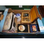 A mixed lot including Trinket Boxes Pen Knives, 2 RAF Cap Badges