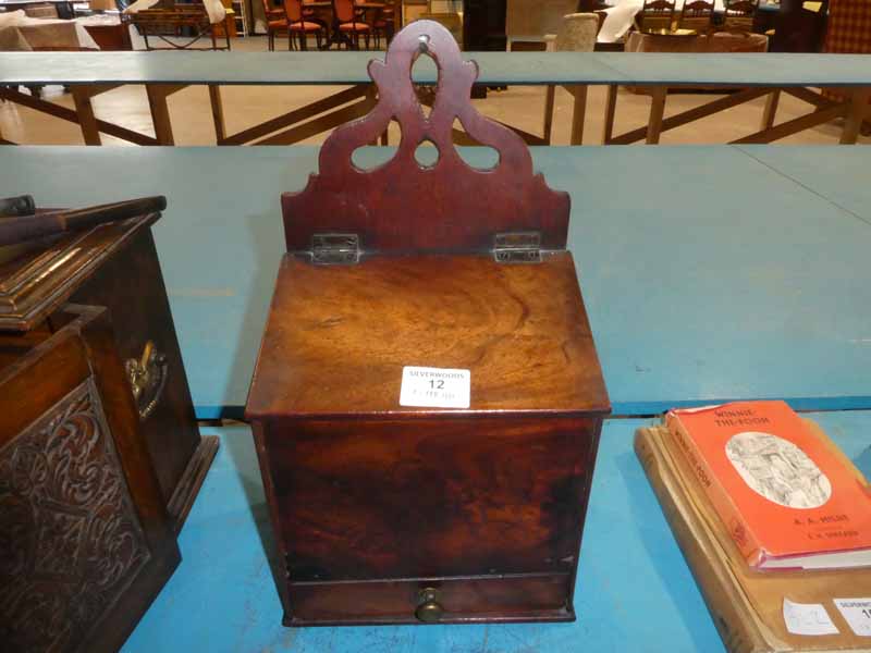 A Georgian mahogany Salt Box with fretwork top, sloping lid and single drawer