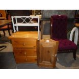 A cane What Not, a pine Bedside Chest and a small pine Corner Cabinet