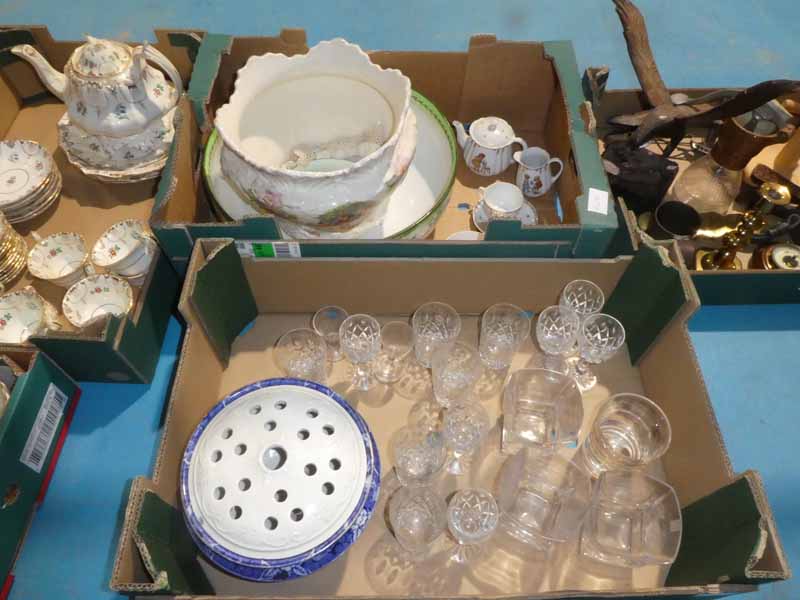 Two boxes of mixed glass, Toilet Bowl, blue and white Rose Bowl, Child's Tea Service etc