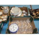 Two boxes of mixed glass, Toilet Bowl, blue and white Rose Bowl, Child's Tea Service etc