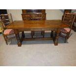A Good reproduction oak Refectory Table, rectangular 5 plank top on typical base with four block
