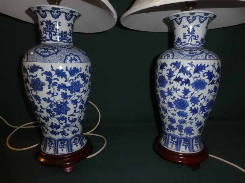 A pair of Chinese style blue and white baluster shape Vases, converted to Table Lamp bases, 37cm