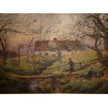 A 19th century framed watercolour, Rural Dwelling with Children Rabbiting with Dog, signed, J