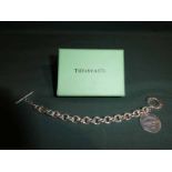 A Tiffany & Co., 925 silver Tiffany style chain and T bar Bracelet, 19.5cm long with bag and box