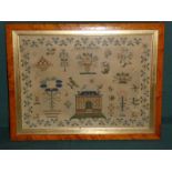 An early 19th century undated Sampler by Sarah Marsh depicting a Country House, displays of