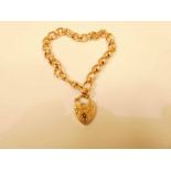 A 9ct gold fancy link fob chain bracelet with heart shaped clasp 22cm, 20.5g